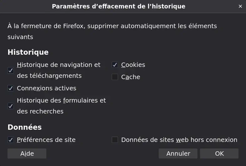 Configuration "Paramètres d'effacement de l'historique"