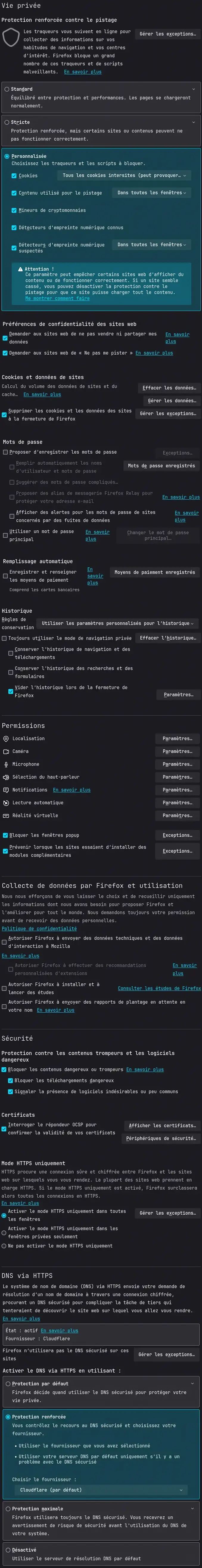 Configuration "Vie privée et sécurité"