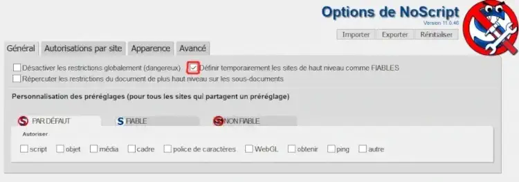 Configuration de NoScript